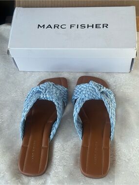 Marc Fisher Braided Slide Sandals in Light Blue with Brown Footbed